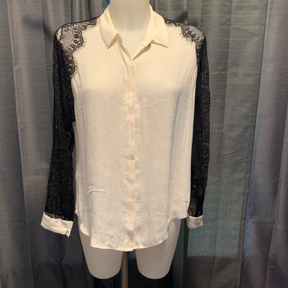 RACHEL ROY WHITE LONG SLEEVE LACE CONTRAST BLOUSE